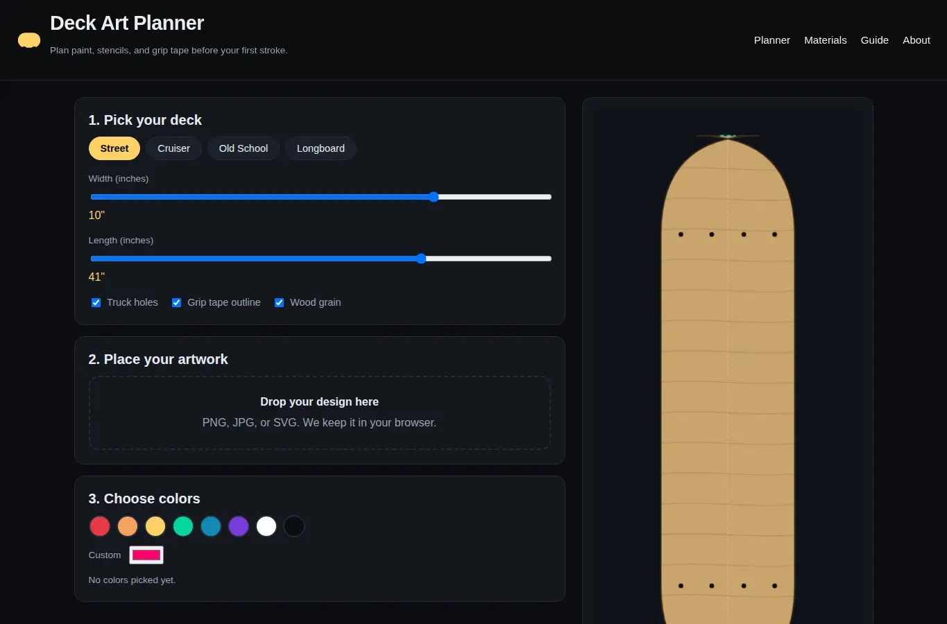 Screenshot of DIY Skateboard Deck Art Planner interface showing the project page in use
